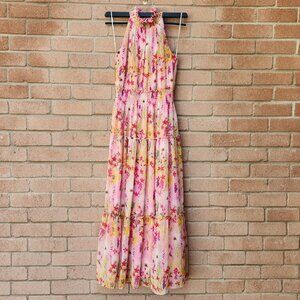 Taylor Pink Floral Halter Maxi Dress Women’s 4 Smocked Waist Tiered Lined